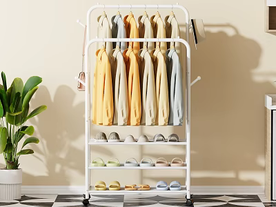 White Clothes Rack with Hanging Clothes and Shoe Shelves in Home Interior with Green Plant 3d model