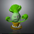 Cartoon Green Lettuce Character With Curved Arms Angry Face Yellow Pot And White Stones