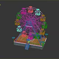 Colorful Ferris Wheel Model With Red Pink Cabins Metal Frame And Wooden Platform