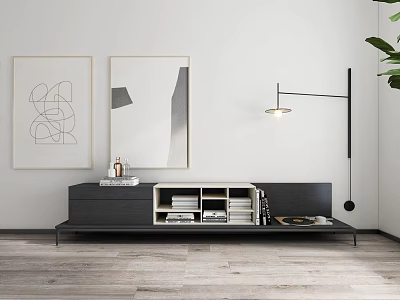 Modern Living Room TV Stand With Abstract Paintings Open Shelves Books Decorations And Floor Lamp 3d model