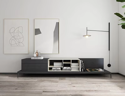 Modern Living Room TV Stand With Abstract Paintings Open Shelves Books Decorations And Floor Lamp 3d model