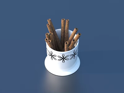 Everyday Household White Cup With Black Floral Patterns Holding Cinnamon Sticks 3d model