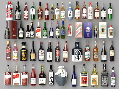Assorted Alcohol Bottles and Glasses Collection Featuring Various Liquor Types and Brand Designs 3d model