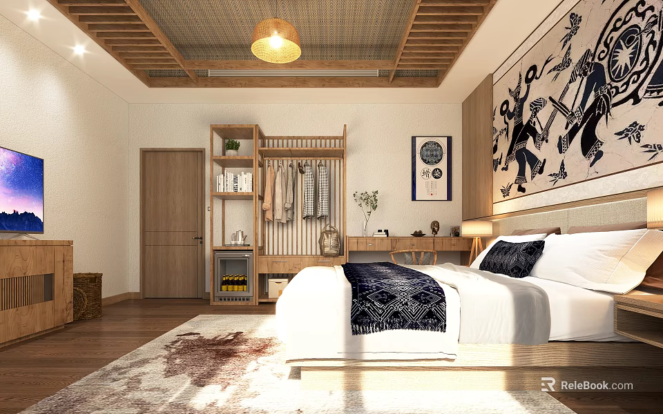 Hotel Guest Room With Wooden Ceiling Pendant Light Wardrobe Bed Rug And Wall Decor Painting 3d model 