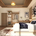 Hotel Guest Room With Wooden Ceiling Pendant Light Wardrobe Bed Rug And Wall Decor Painting