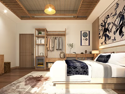 Hotel Guest Room With Wooden Ceiling Pendant Light Wardrobe Bed Rug And Wall Decor Painting 3d model