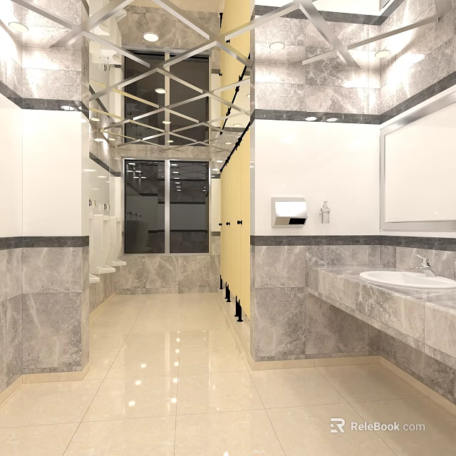 Modern Public Restroom Interior With Marble Walls Sinks Mirror And Stalls 3d model 