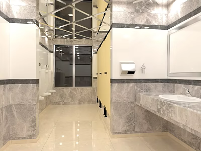 Modern Public Restroom Interior With Marble Walls Sinks Mirror And Stalls 3d model
