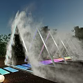 Outdoor Night Triangle Installation With Mist Colorful Steps Trees And Round Lights