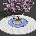 Tree Planter With Pink Flowering Tree Colorful Base Circular White Grid Pavement And Border