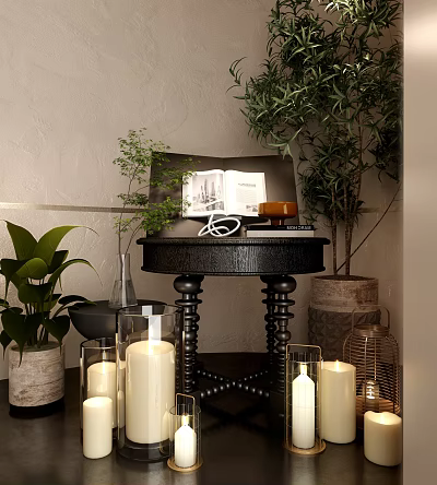Decorative Ornament Set With White Candles Glass Holders Green Plants And Black Carved Table 3d model