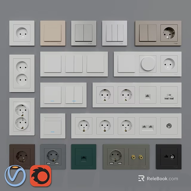 Diverse Electrical Outlets and Light Switches with Modern Wall Plate Designs in Various Colors 3d model 