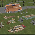 Scenic Camping Site with Food Drinks Truck Grill Swing and Green Lawn Under Lush Trees