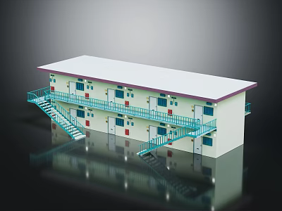 Two Story Building Featuring White Roof Red Edge Blue Railings Stairs Multiple Windows And Reflection 3d model