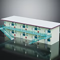 Two Story Building Featuring White Roof Red Edge Blue Railings Stairs Multiple Windows And Reflection