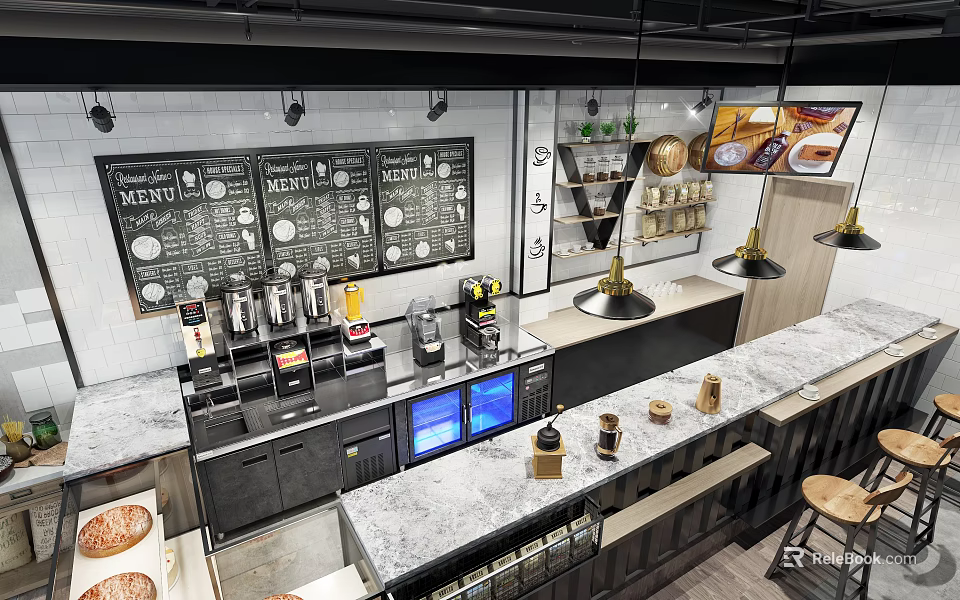 Modern Coffee Shop Interior With Blackboard Menus Coffee Machines Marble Countertop And Pendant Lights 3d model 