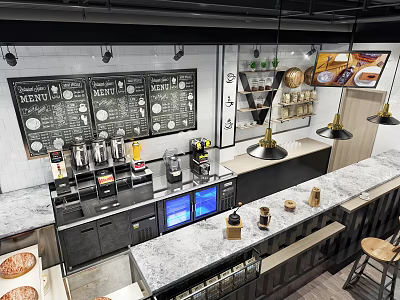 Modern Coffee Shop Interior With Blackboard Menus Coffee Machines Marble Countertop And Pendant Lights 3d model