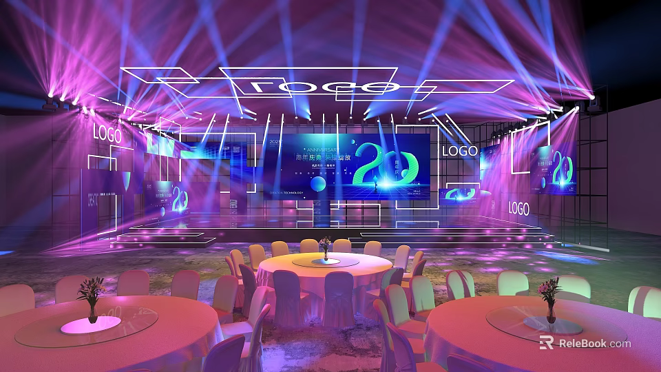 Modern Event Stage With Purple Blue Lighting Large Screen 20 Logo Round Tables And Chairs 3d model 