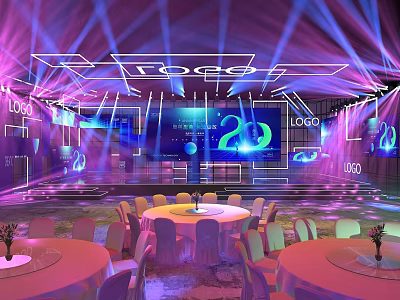 Modern Event Stage With Purple Blue Lighting Large Screen 20 Logo Round Tables And Chairs 3d model