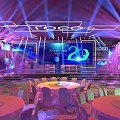 Modern Event Stage With Purple Blue Lighting Large Screen 20 Logo Round Tables And Chairs