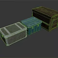 Three Different Colored Cargo Crates With Metal Texture And Storage Design