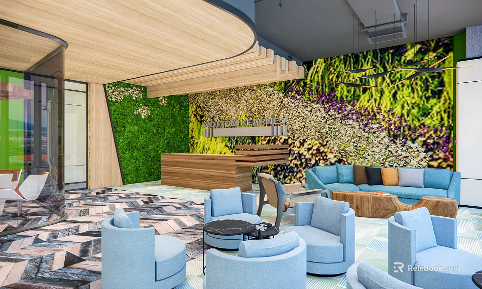 Modern Reception Area Interior With Green Floral Wall Blue Sofas And Armchairs 3d model 
