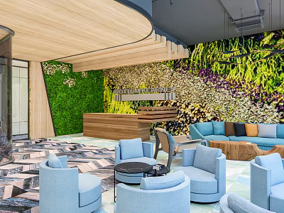 Modern Reception Area Interior With Green Floral Wall Blue Sofas And Armchairs 3d model