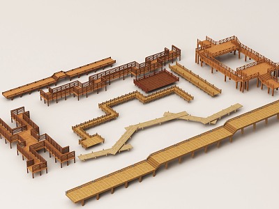 Modern Landscape Wooden Plank Road Hydrophilic Platform Waterside Plank Road Wooden Curved Bridge Landscape Bridge Paddy Field Plank Road 3d model