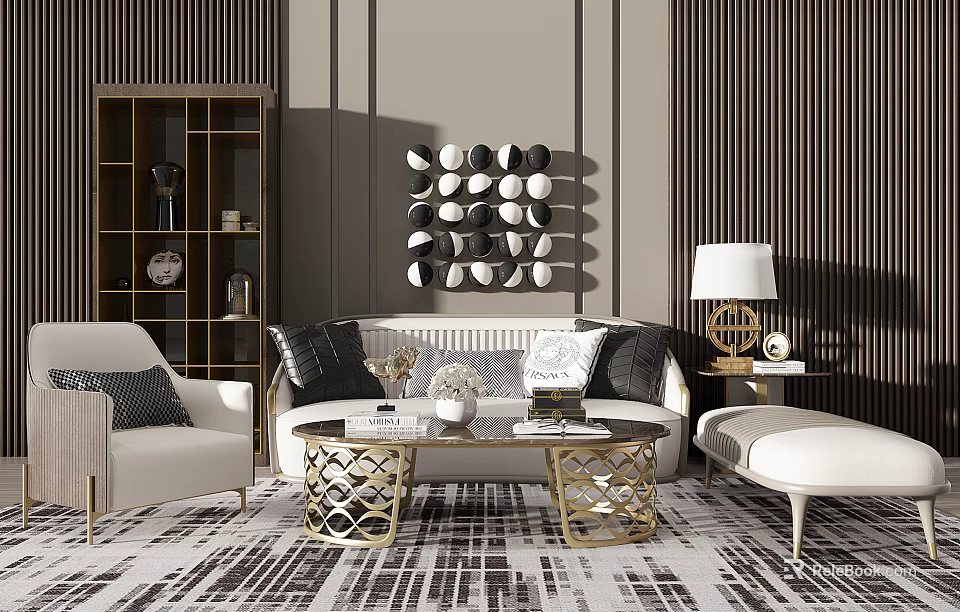 Luxury Modern Sofa And Coffee Table Set With Gold Metal Frame And Decorative Pillows 3d model 