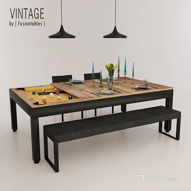 Modern Table And Bench Set With Wooden Top Board Game Elements And Decorative Candles 3d model 