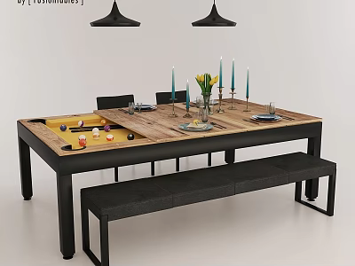 Modern Table And Bench Set With Wooden Top Board Game Elements And Decorative Candles 3d model