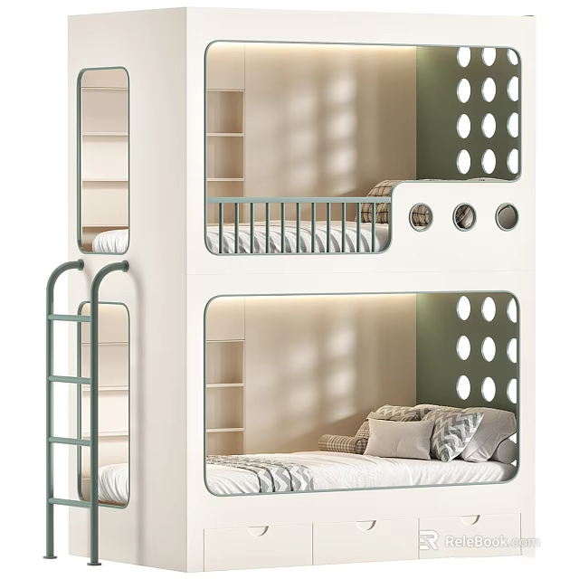 Modern White and Green Children's Bunk Bed with Green Ladder Storage Shelves and Round Cutouts 3d model 