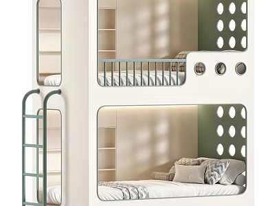 Modern White and Green Children's Bunk Bed with Green Ladder Storage Shelves and Round Cutouts 3d model