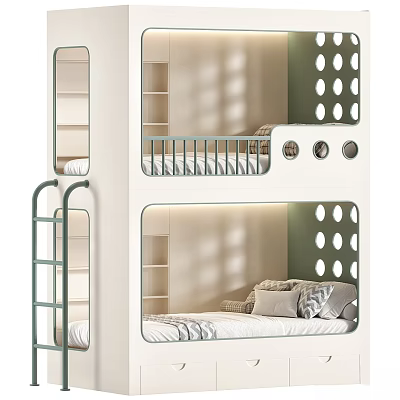 Modern White and Green Children's Bunk Bed with Green Ladder Storage Shelves and Round Cutouts 3d model