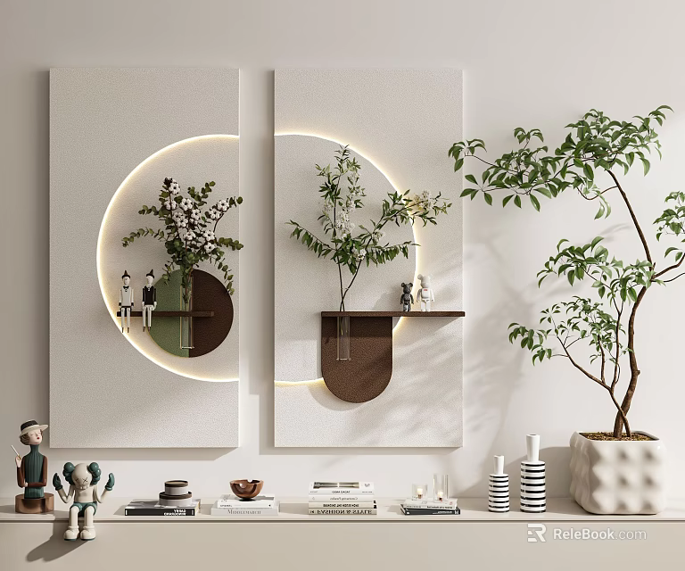 Modern Wall Decor With Round Mirror Green Plants And Decorative Ornaments 3d model 