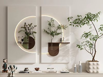 Modern Wall Decor With Round Mirror Green Plants And Decorative Ornaments 3d model
