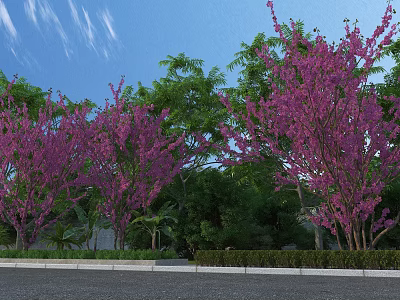 Beautiful Scenic Landscape With Purple Flowering Trees Lush Green Foliage And Clear Blue Sky 3d model