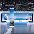 Modern Tech Exhibition Hall With Geometric Ceiling Lights Blue White Display Panels And Central Platform
