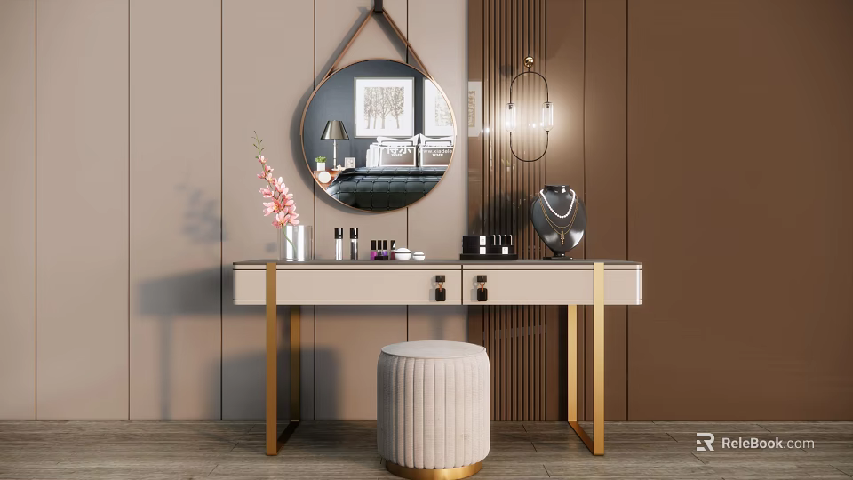 Elegant Modern Vanity Table With Gold Legs Round Mirror Beige Stool And Decorative Items 3d model