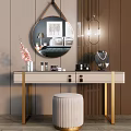 Elegant Modern Vanity Table With Gold Legs Round Mirror Beige Stool And Decorative Items 3d model