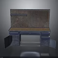 Vintage Industrial Desk With Wooden Top Blue Drawers Grid Backboard And Upper Shelf