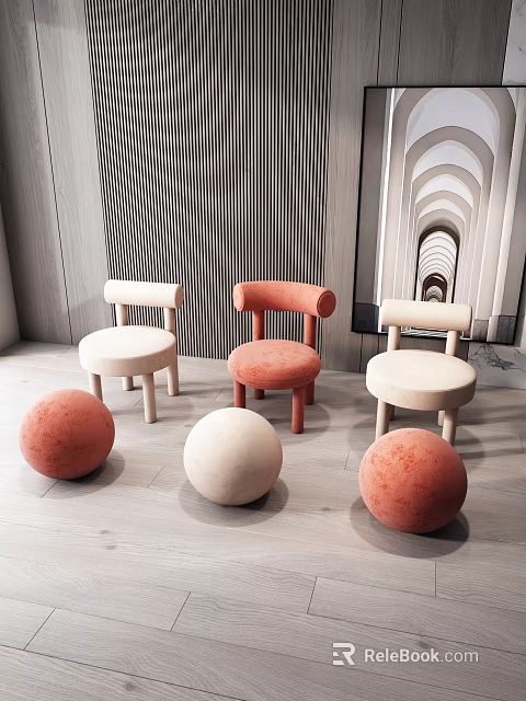 Three Modern Single Sofas in Pink and White with Round Decorative Balls Interior Design 3d model