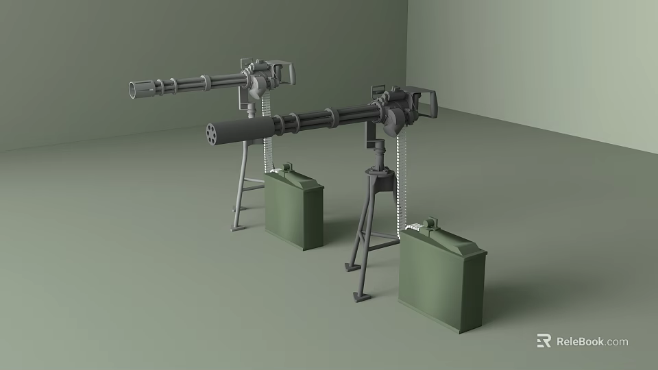 Military Machine Guns Mounted On Tripods With Green Storage Boxes 3d model