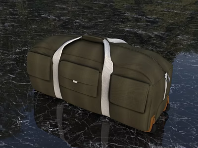 Dark Green Duffel Bag With White Straps On Black Marble Surface 3d model
