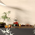 Traditional Tea Set With Red Teapot Ceramic Teacups Wooden Tray And Decorative Plant