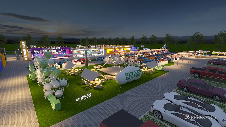Illuminated Night Commercial Street With Outdoor Market Colorful Stalls And Dining Areas 3d model 