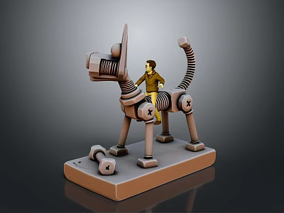Boy Riding Mechanical Dog With Spring Structure On Base With Bolts 3d model