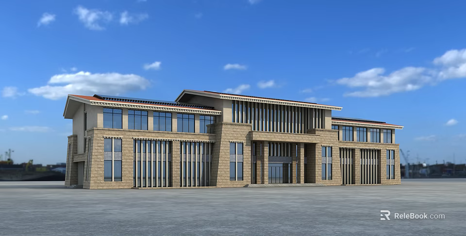 Modern Office Building With Brick Exterior Large Windows Red Roof And Spacious Plaza 3d model 