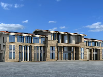 Modern Office Building With Brick Exterior Large Windows Red Roof And Spacious Plaza 3d model
