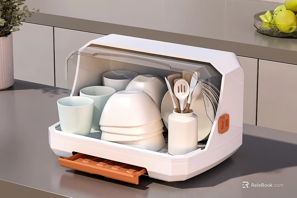 Kitchen Cabinet With Dish Storage Organizer Transparent Lid Drainage Tray And Bowls Plates 3d model 